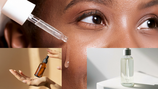 A woman holds a bottle of oil and a bottle of eye cream, showcasing key ingredients for ageless skin secrets.