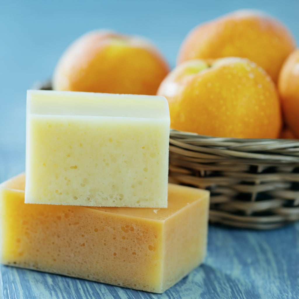 Apricot bar soaps on blue surface next to basket with apricots
