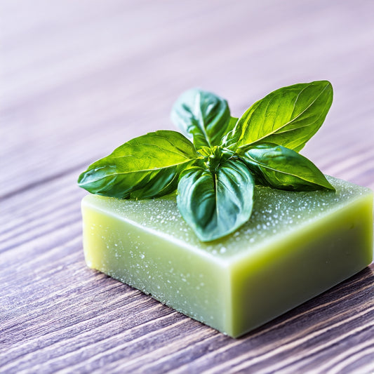 bar of basil soap on a wooden surface with basil leaf on top 