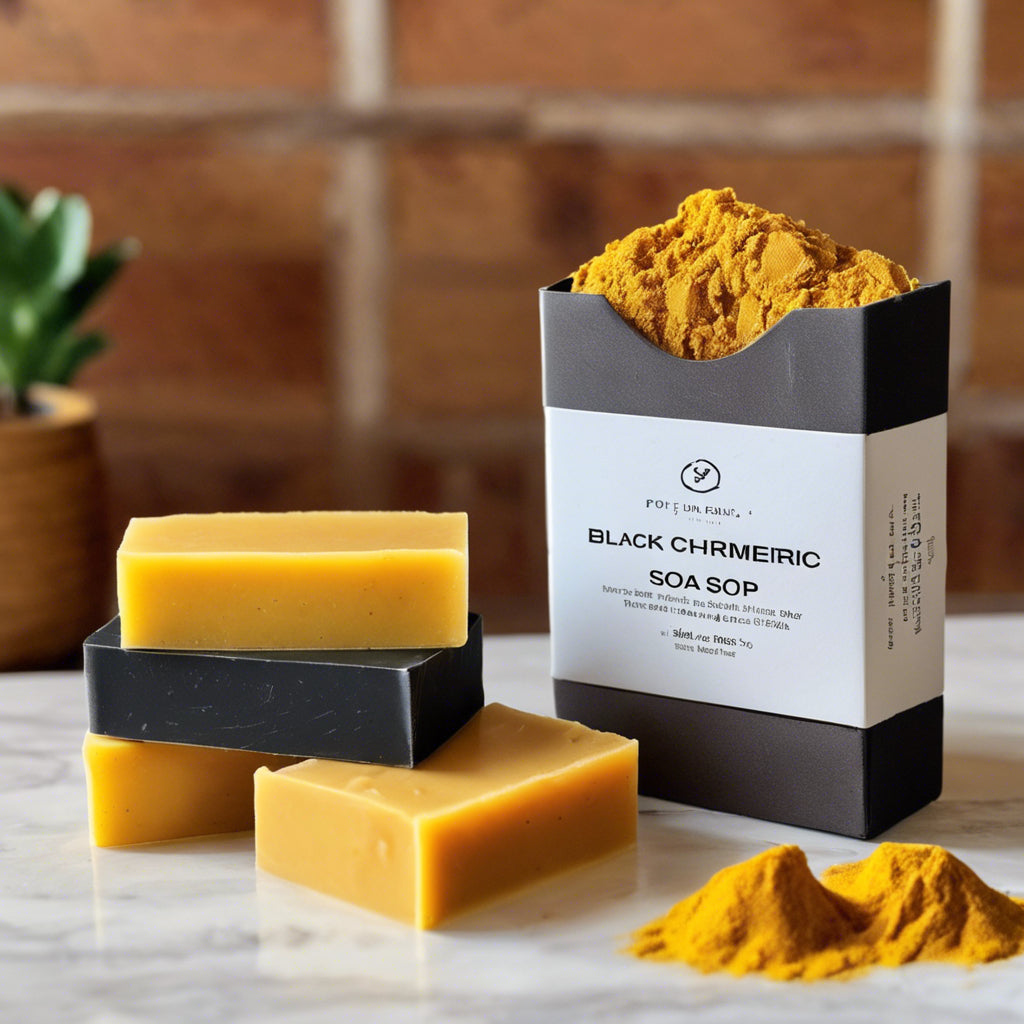 Black charcoal Soap and Turmeric soap in container in bathroom.
