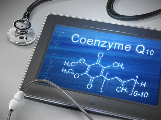 Image of Coenzyme Q10 supplement bottle with text "Discover the benefits of Coenzyme Q10 for improved heart health and energy levels."