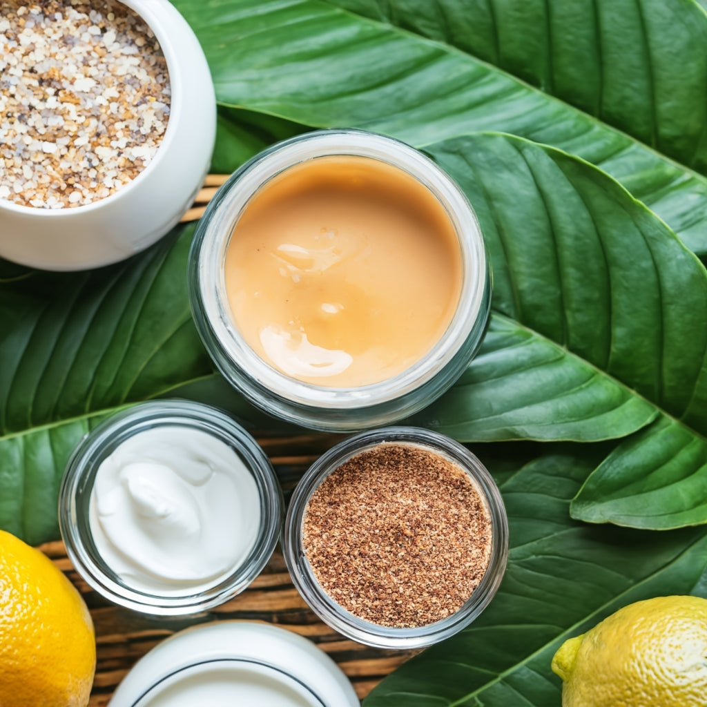 skincare products with leaves in back ground