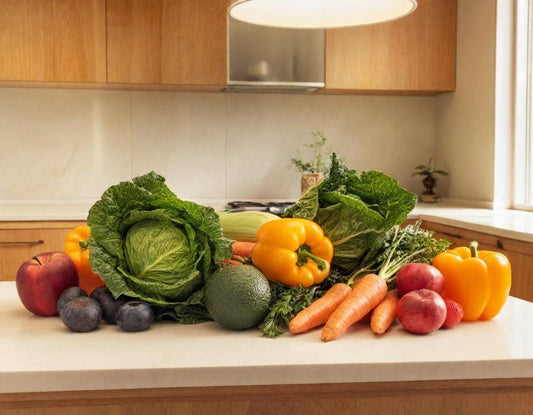A vibrant kitchen counter with an assortment of colorful, organic produce, including emerald green tea, plump blueberries
