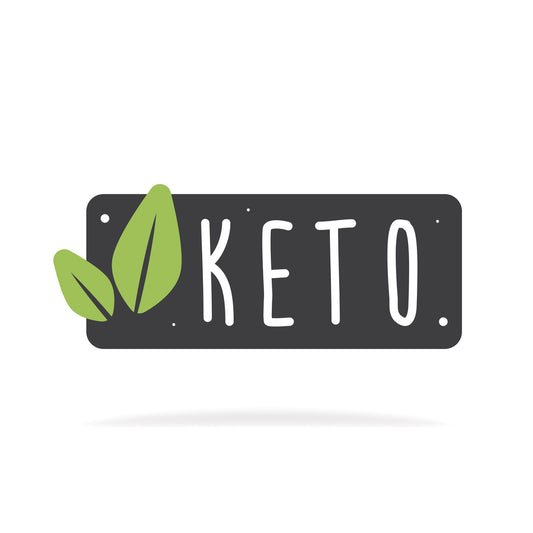 Image of keto logo and green leaves with the word keto, highlighting energy-boosting benefits.
