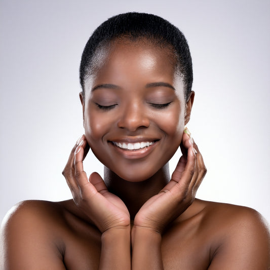 smiling black female with hands on her face showing off Korean Skincare Routine for Black Skin