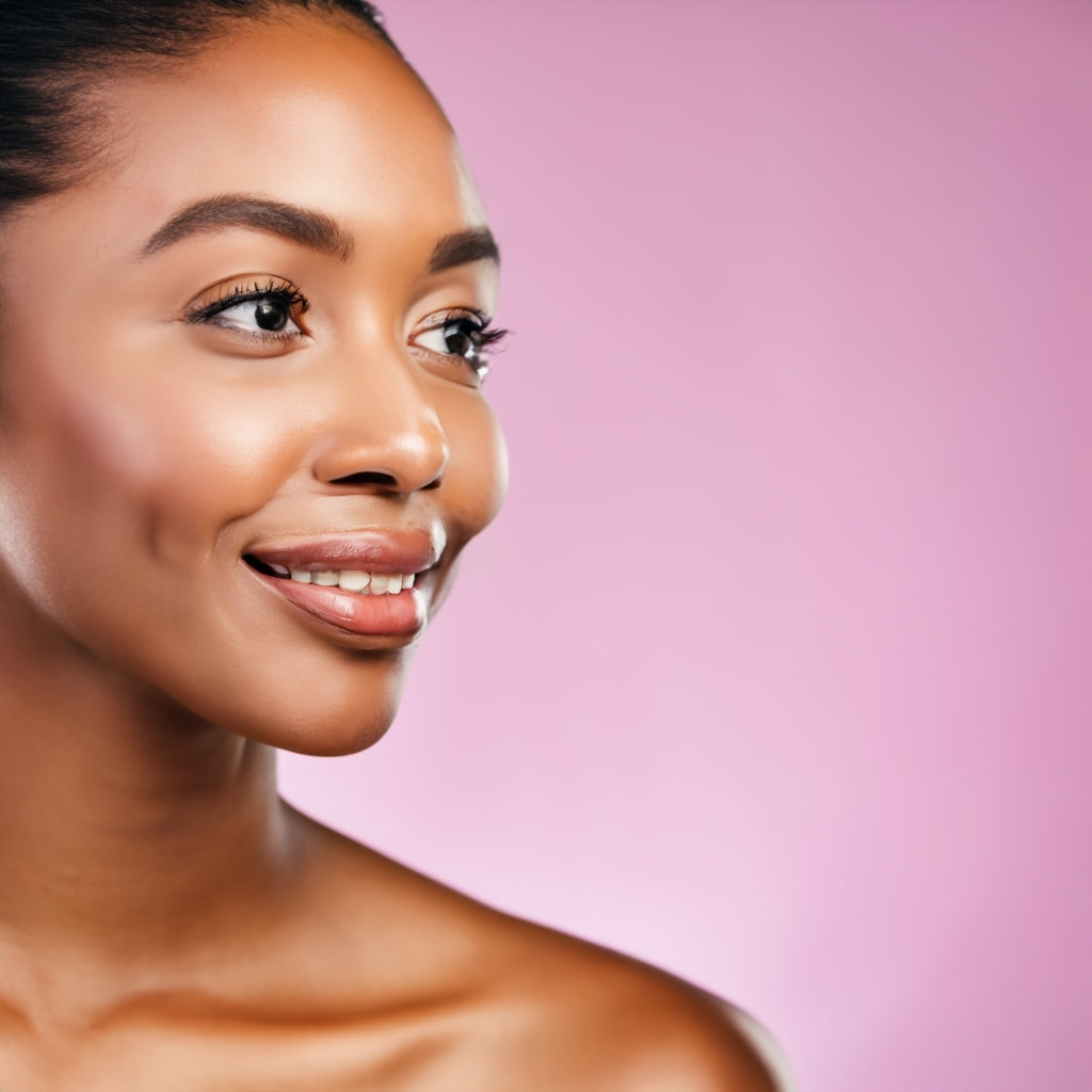 Older woman in 50s with pink back ground