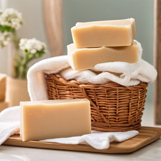 Organic Bars of Soap for Healthy Skin in basket in bathroom with towels
