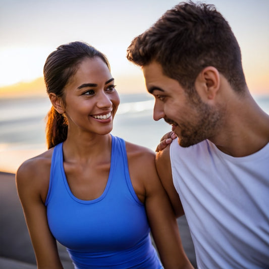 An image capturing a joyful moment between a man and woman, their smiles reflecting emotional wellness.