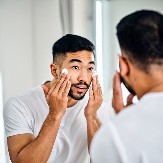 A man applying facial cleanser while looking in the mirror. Skin Care Routine for Men.