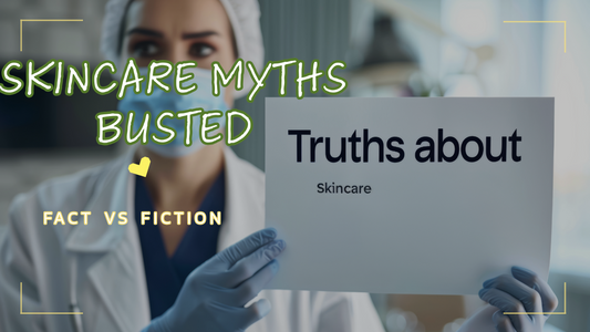 female doctor in face mask holding sign "truths about skincare"