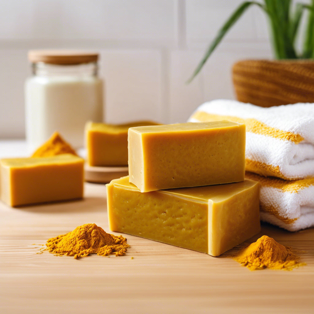 _Using Turmeric Herbal Soap for Your Skin in container in bathroom with towels