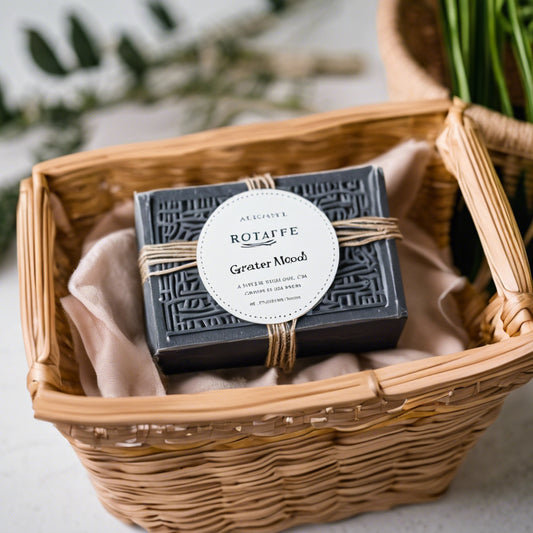 activated charcoal soap bar in a basket engraved with the word Greater Mood  in bathroom