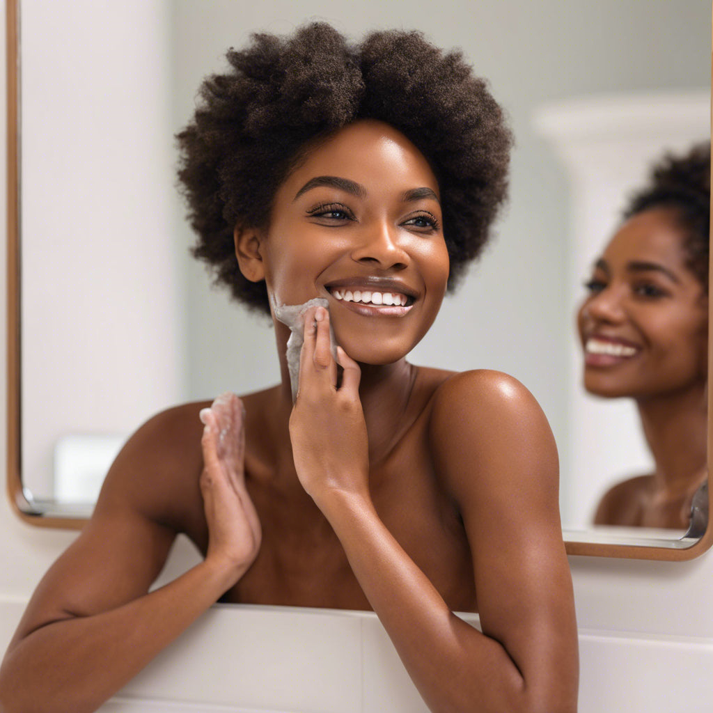 beautiful african american woman looking in bathroom mirror using greater mood charcoal face wash soap bar
