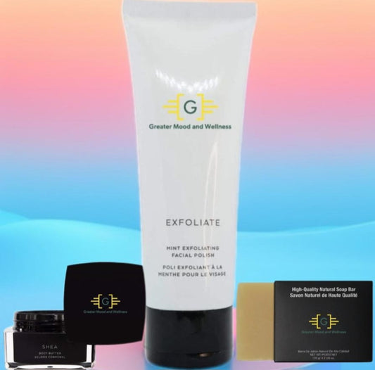 moisturizer, turmeric soap bar and greater mood exfoliator with blue and reddish background