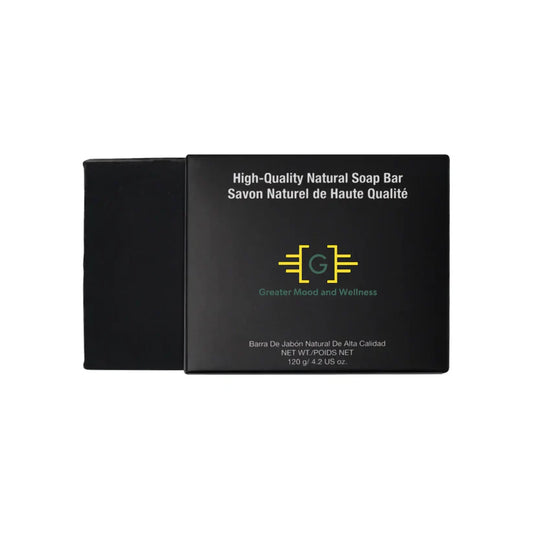 Greater Mood Charcoal soap in black soap box with white wording and Greater Mood logo