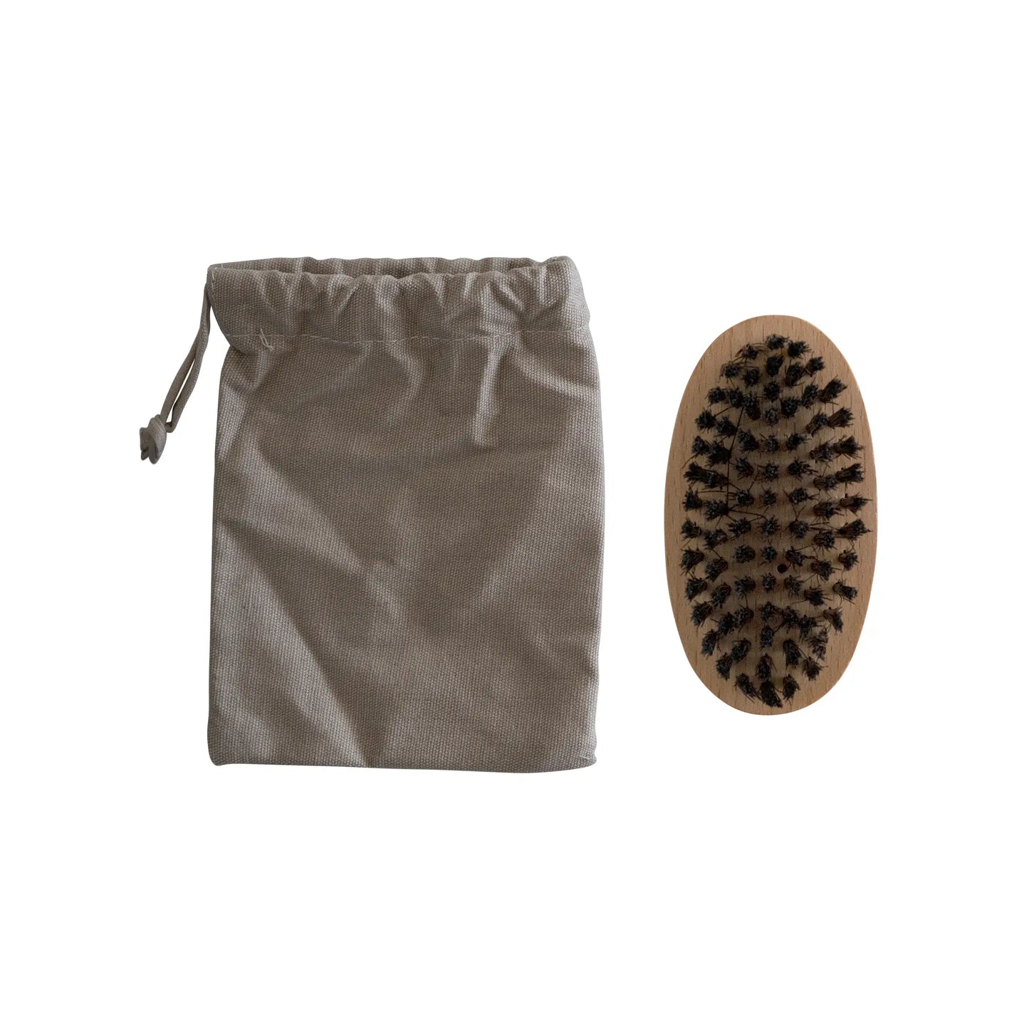 A bag for a Beard brush made of wood with black bristles for grooming.