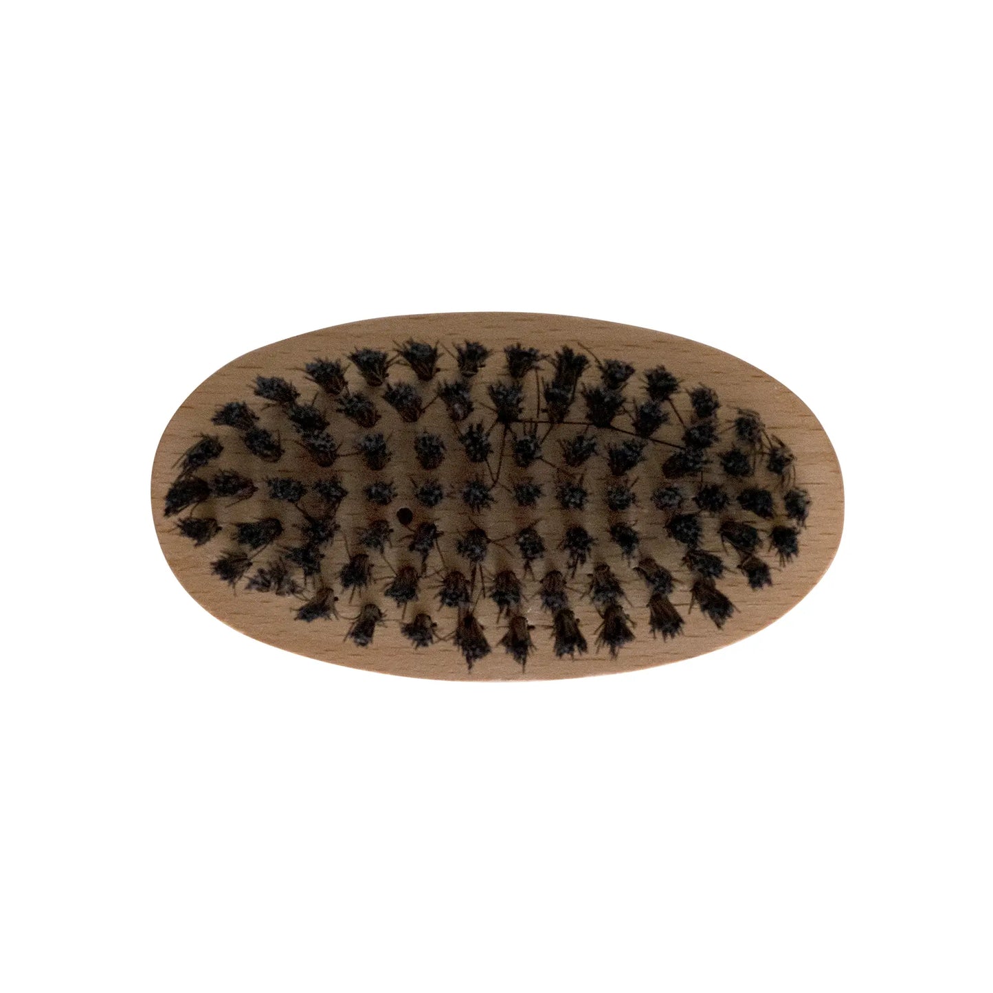 Grooming brush for beards, featuring wooden handle and black bristles.