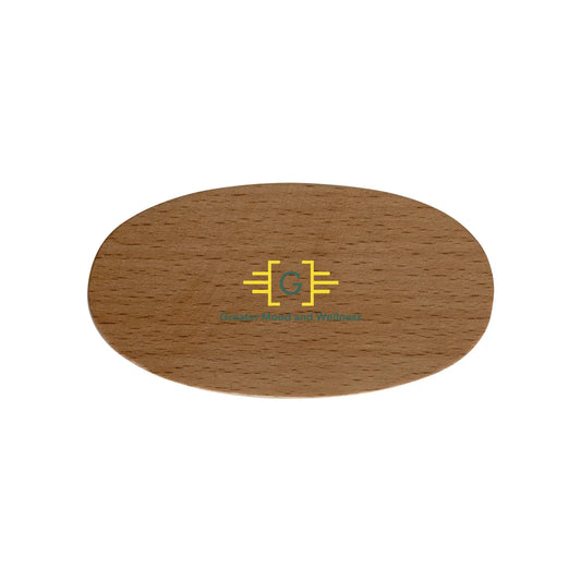 Greater Mood and Wellness Logo on wooden oval plaque for Beard Brush.