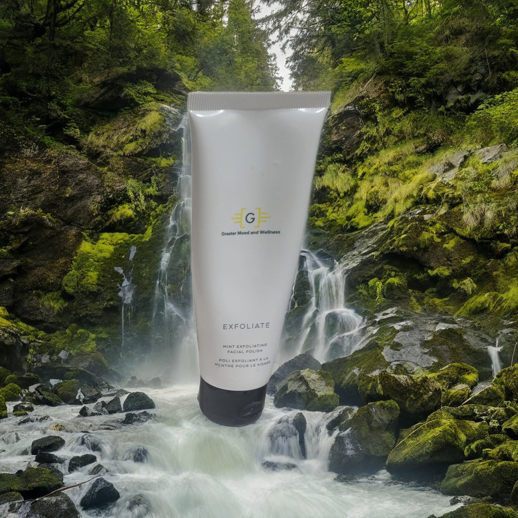 Greater Mood Exfoliate with waterfall in background