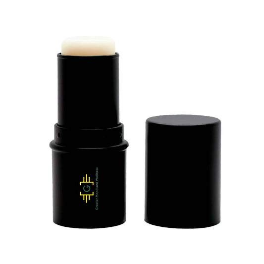 nourishing lip balm in black  tube with yellow greater mood logo