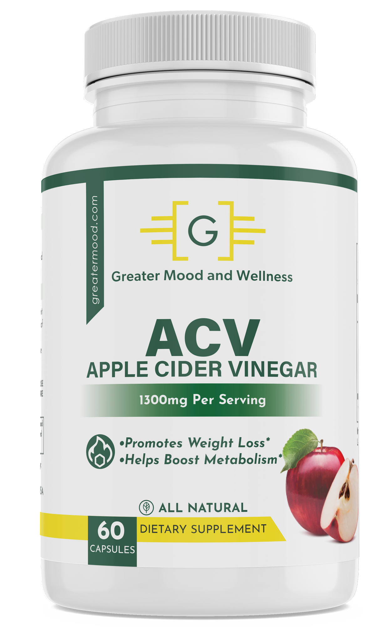 ACV supplement bottle with label showing apple cider vinegar and a pile of fresh apples in the background.