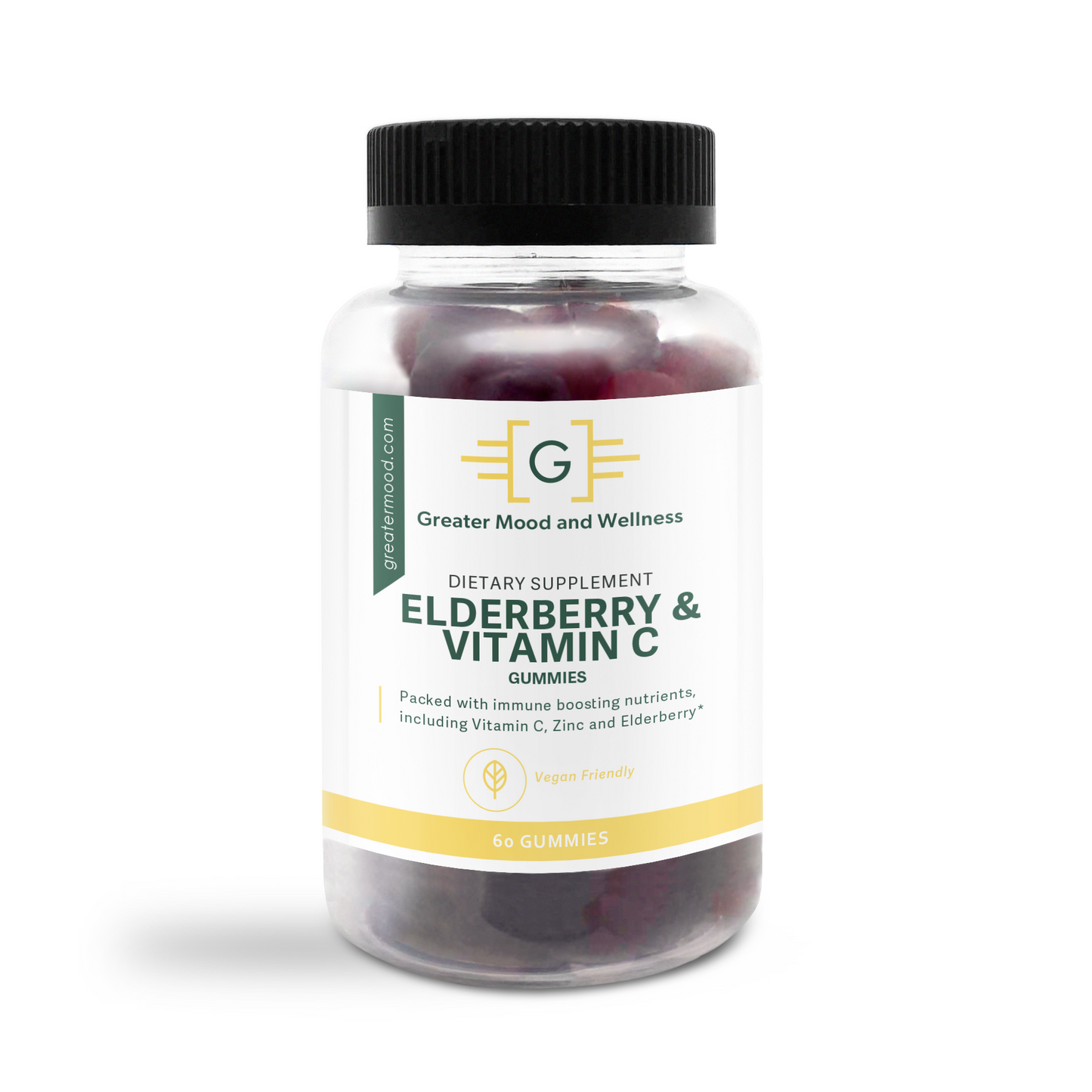 sambucus elderberry supplement in a clear supplement bottle