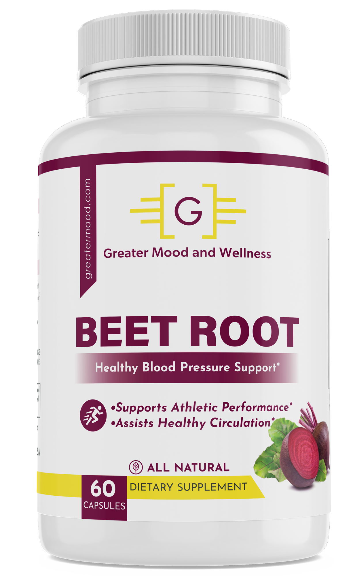 Red white and yellow Supplement Bottle with Organic Beet Root Capsules