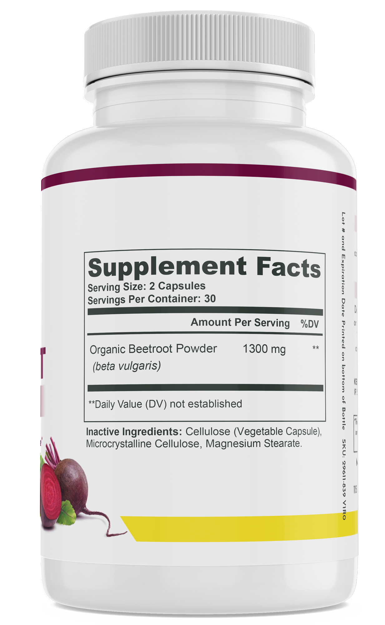Supplement bottle showing Organic Beet Root Capsules Supplement facts
