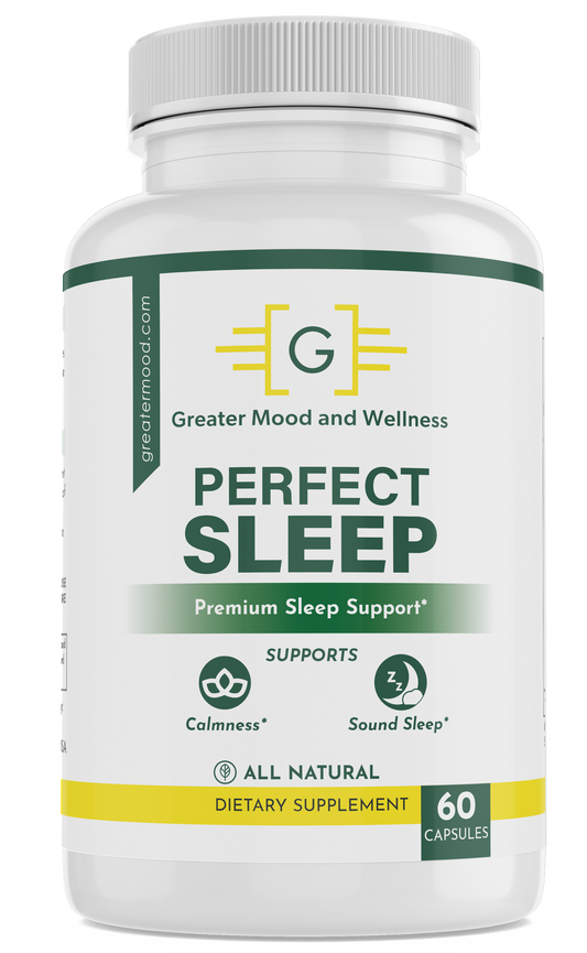 The Perfect Sleep supplement in green white and yellow supplement bottle