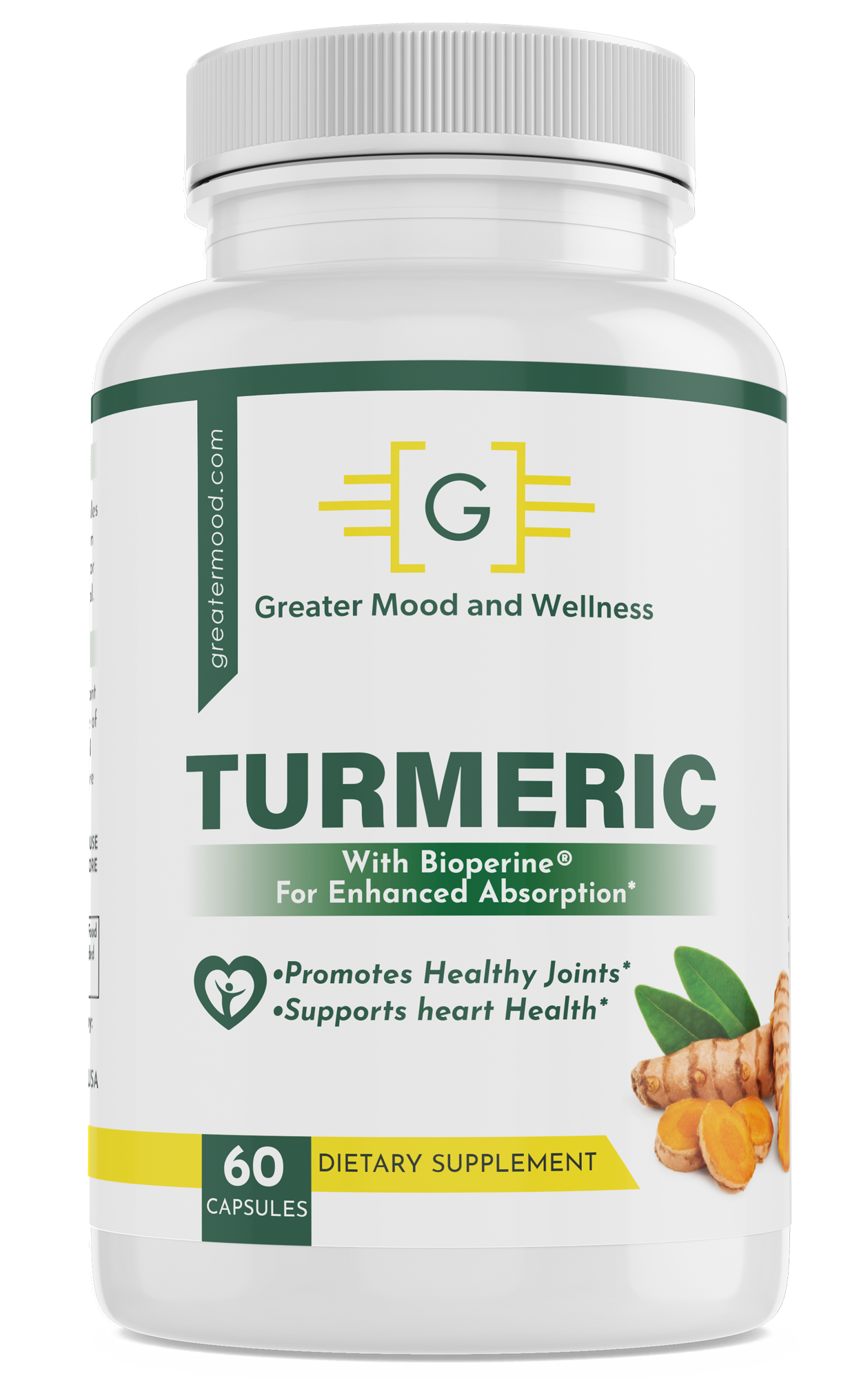 Turmeric with Bioperine in supplement green and white supplement bottle