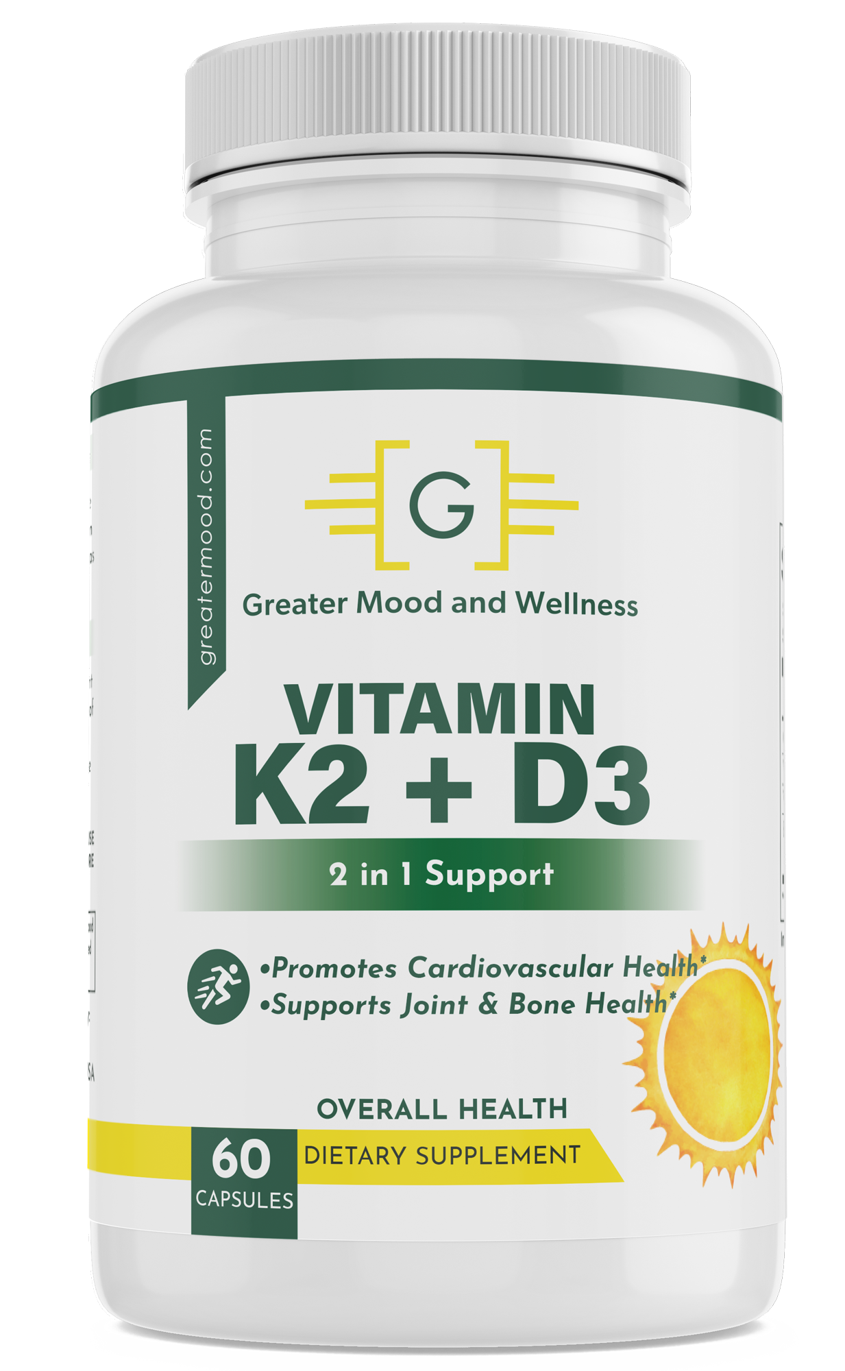 A supplement bottle, green white and yellow vitiman k2 and d3