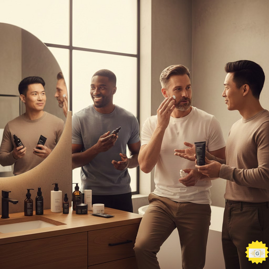 Image of multi racial men using skincare products