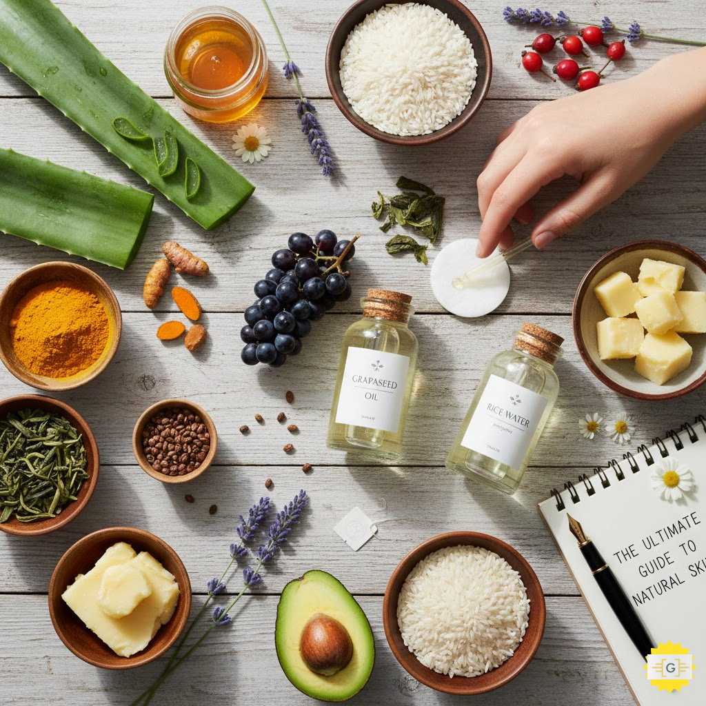 20 Natural Ingredients for Radiant Skin includes, aloe vera, grapeseed oil avacado and turmeric