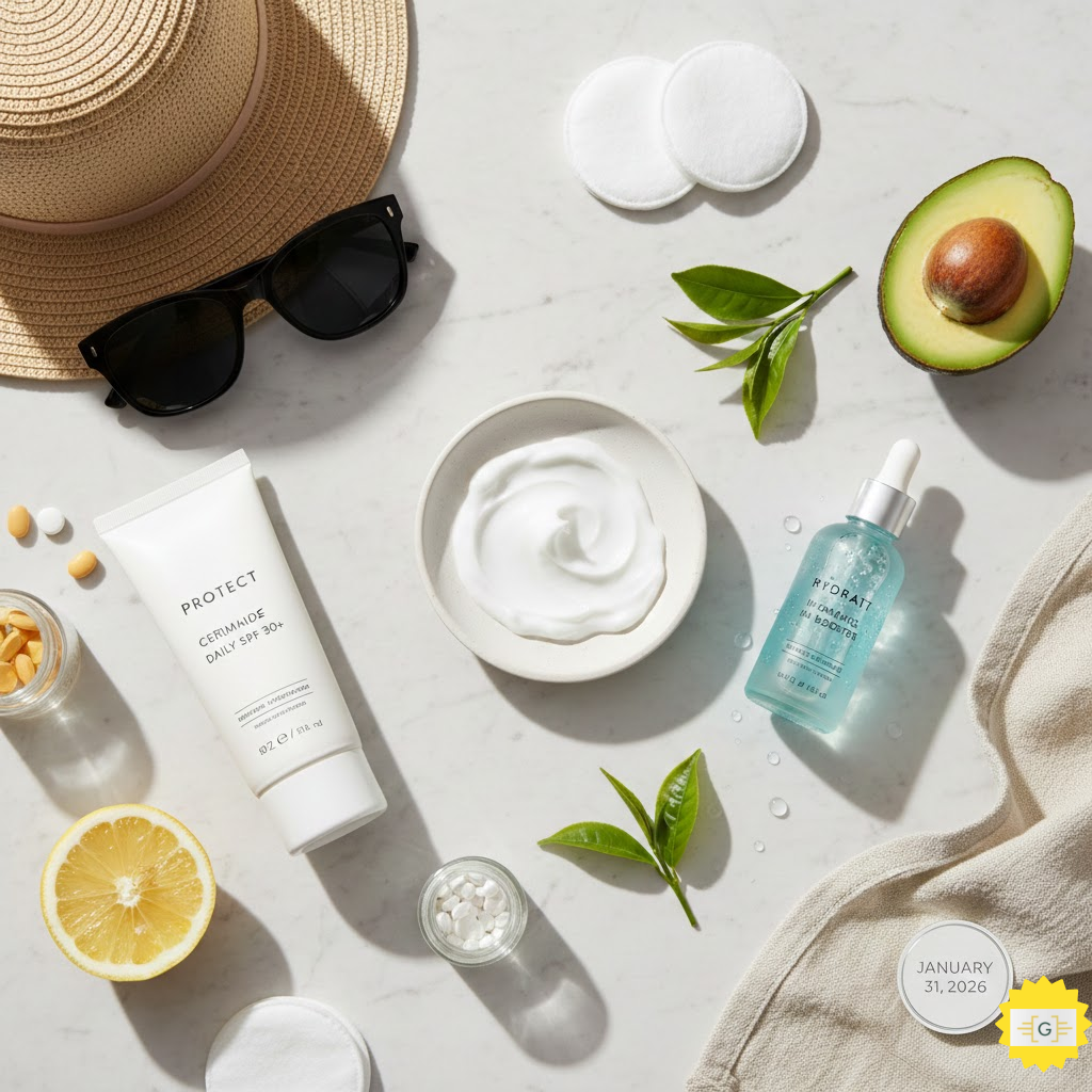 skincare products on a clean surfact for a Healthy Skin Barrier 