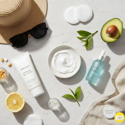 skincare products on a clean surfact for a Healthy Skin Barrier 