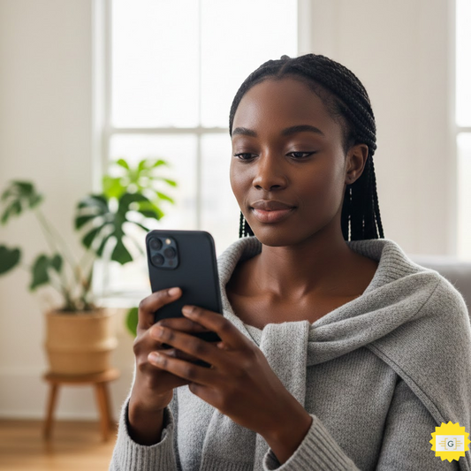 Woman holding smartphone at eye level to prevent tech neck lines.