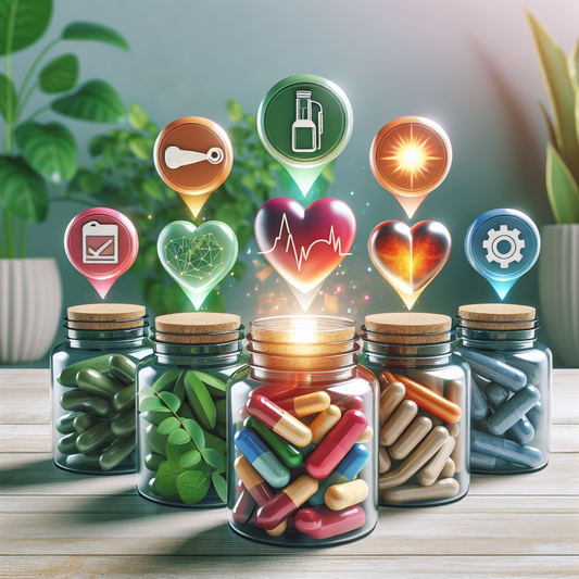 5 glass jars will pills showing the top supplements to support overall health and well-being.