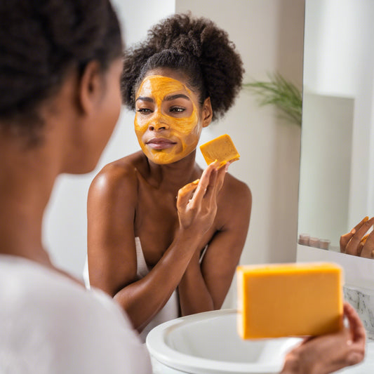 African American woman looking in a mirror in bathroom using turmeric soap bar for rosacea skin problem 