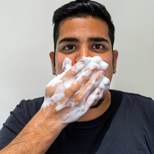 picture of a man with soap on his hands watching face and showing Allergic Reactions to Soap