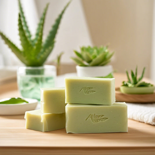 Aloe Vera Soap bars  on wooden surface in bathroom 
