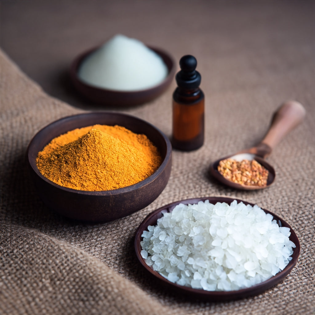 Bottle of skincare product a bowl of turmeric and other skincare products on brown fabric