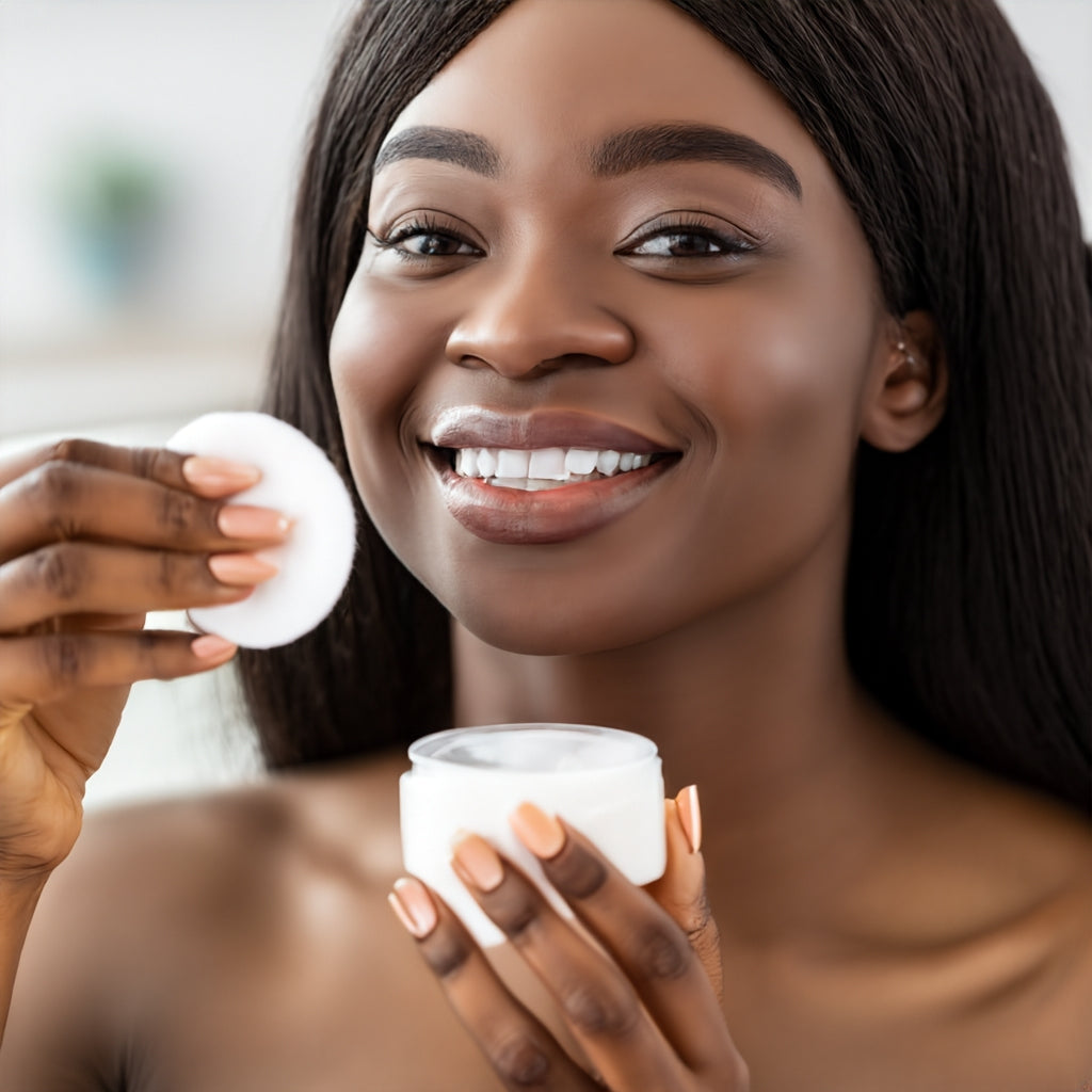 Black woman smiling while applying moisture to face