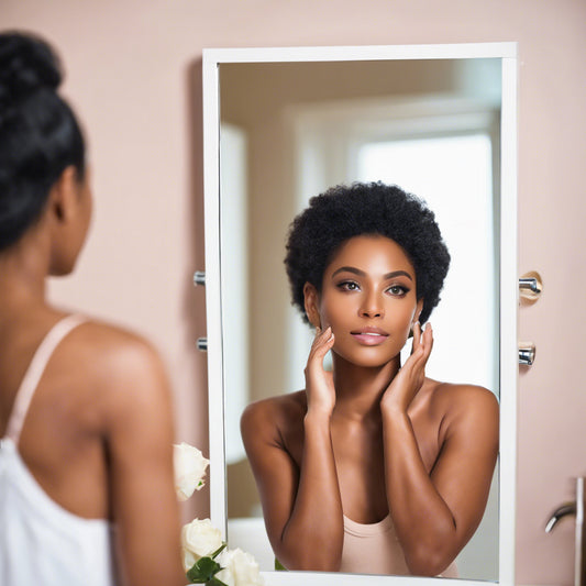 Beautiful african american woman with flawless skin looking in bathroom mirror