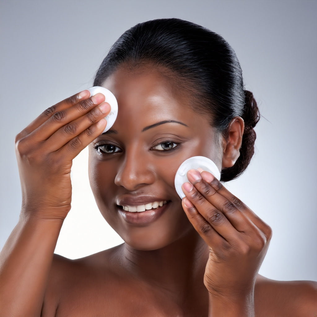 African American Woman applying Beauty  products to her face and showing Tips for Clean and Clear Skin