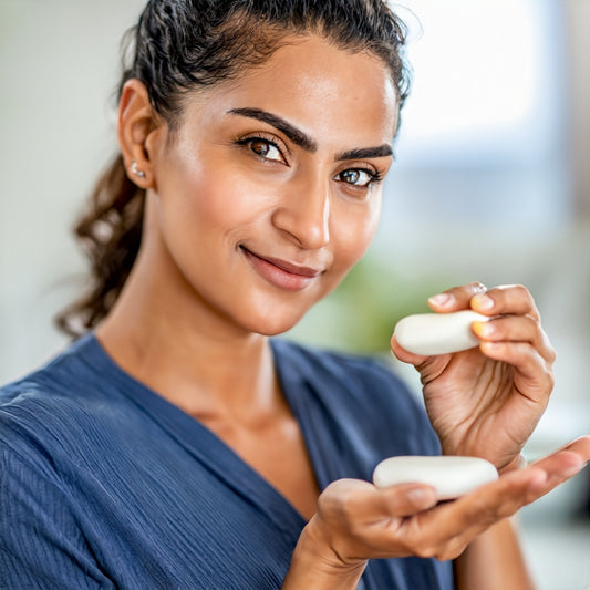 A woman holding two organic soap bars. Benefits of Using Organic Soap.