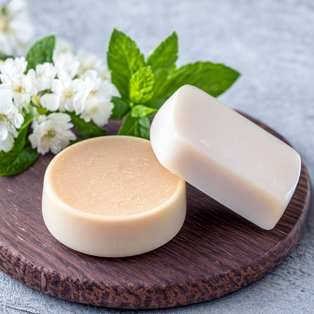 two soap bars for sensitive skin on a round wooded surface