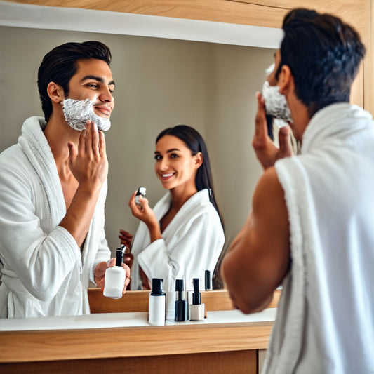 Woman and man looking in a mirror showing the Best Grooming Products for Men