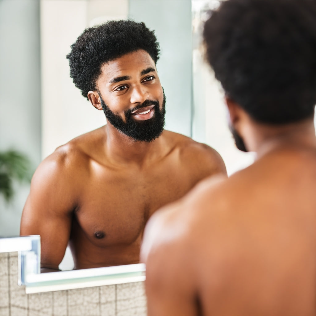 Handsome black man looking in bathroom mirror 