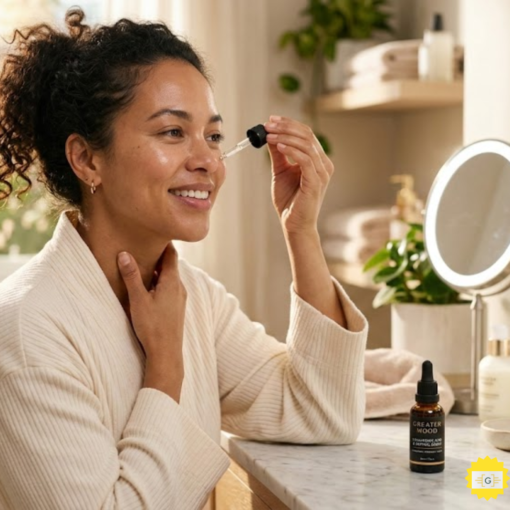 Woman using Greater Mood Hyaluronic acid and retinol serum