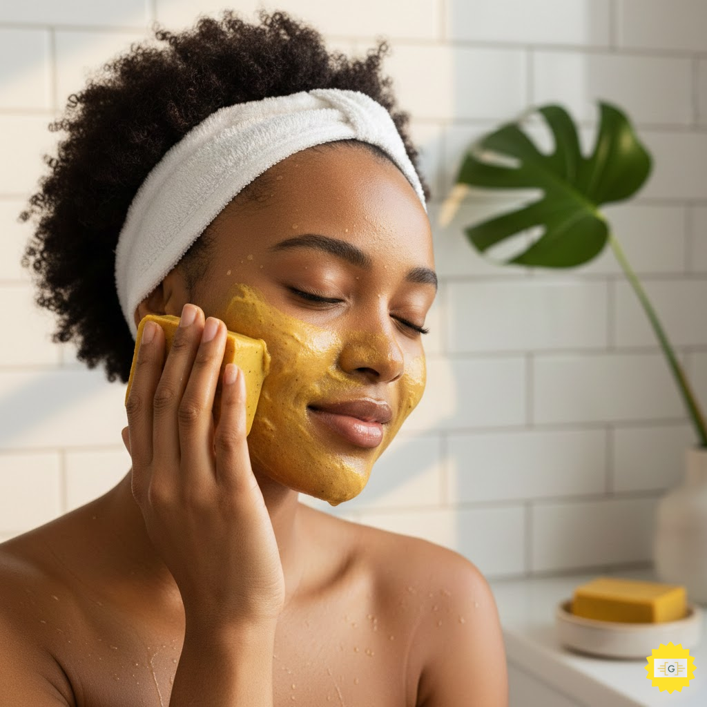 Woman using turmeric soap on her face